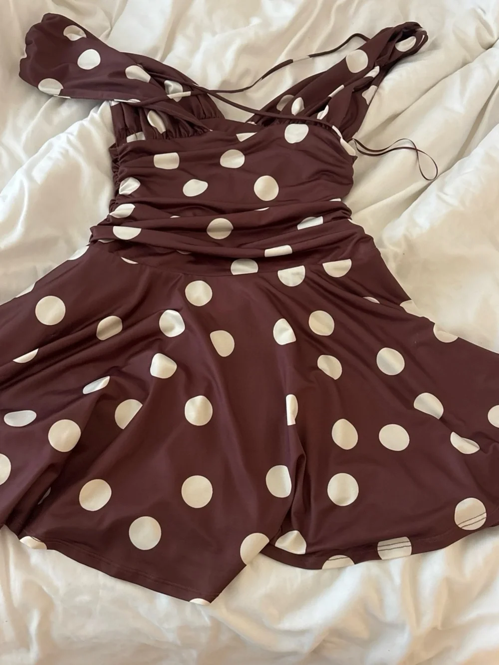 Free People Brown and White Polka Dot V-Neck Mini Dress